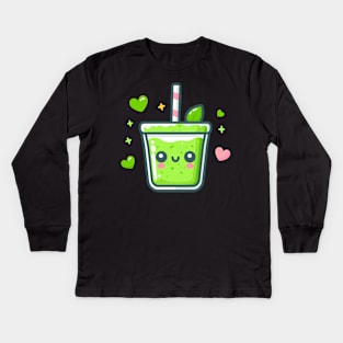 Cute Kawaii Green Smoothie for Vegans and Vegetarians | Kawaii Style Healthy Diet Kids Long Sleeve T-Shirt